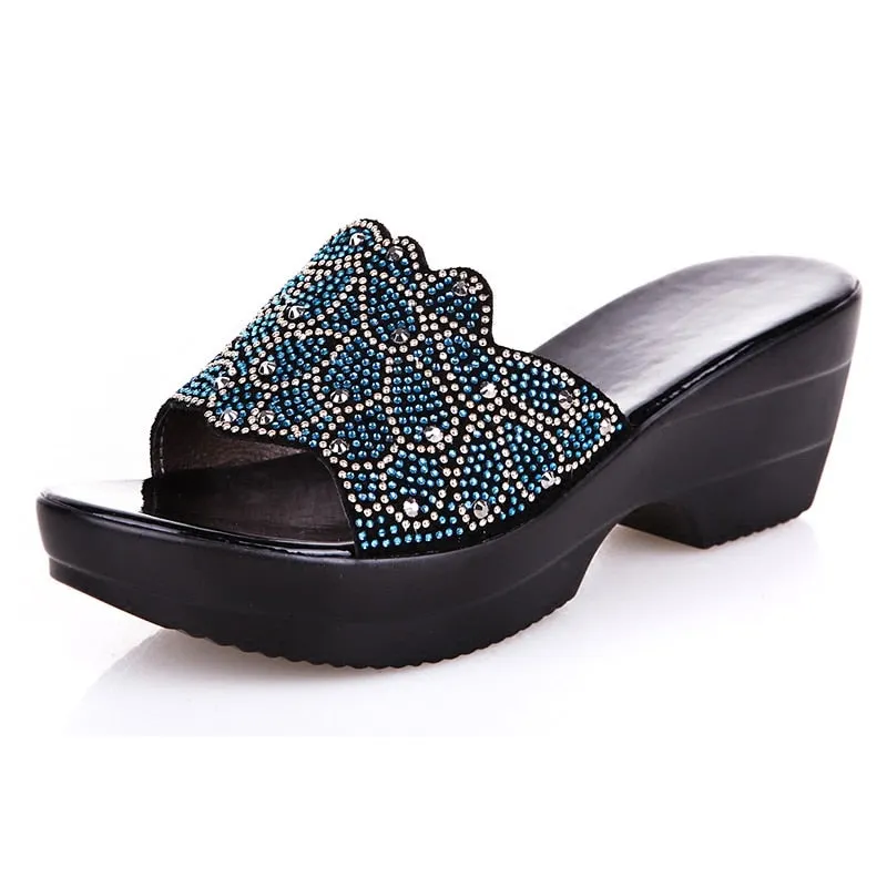 Large Size Women Sandals Summer 2022 Fashion Female Genuine Leather Slippers Middle - aged Wedge Shoes Mother Slippers