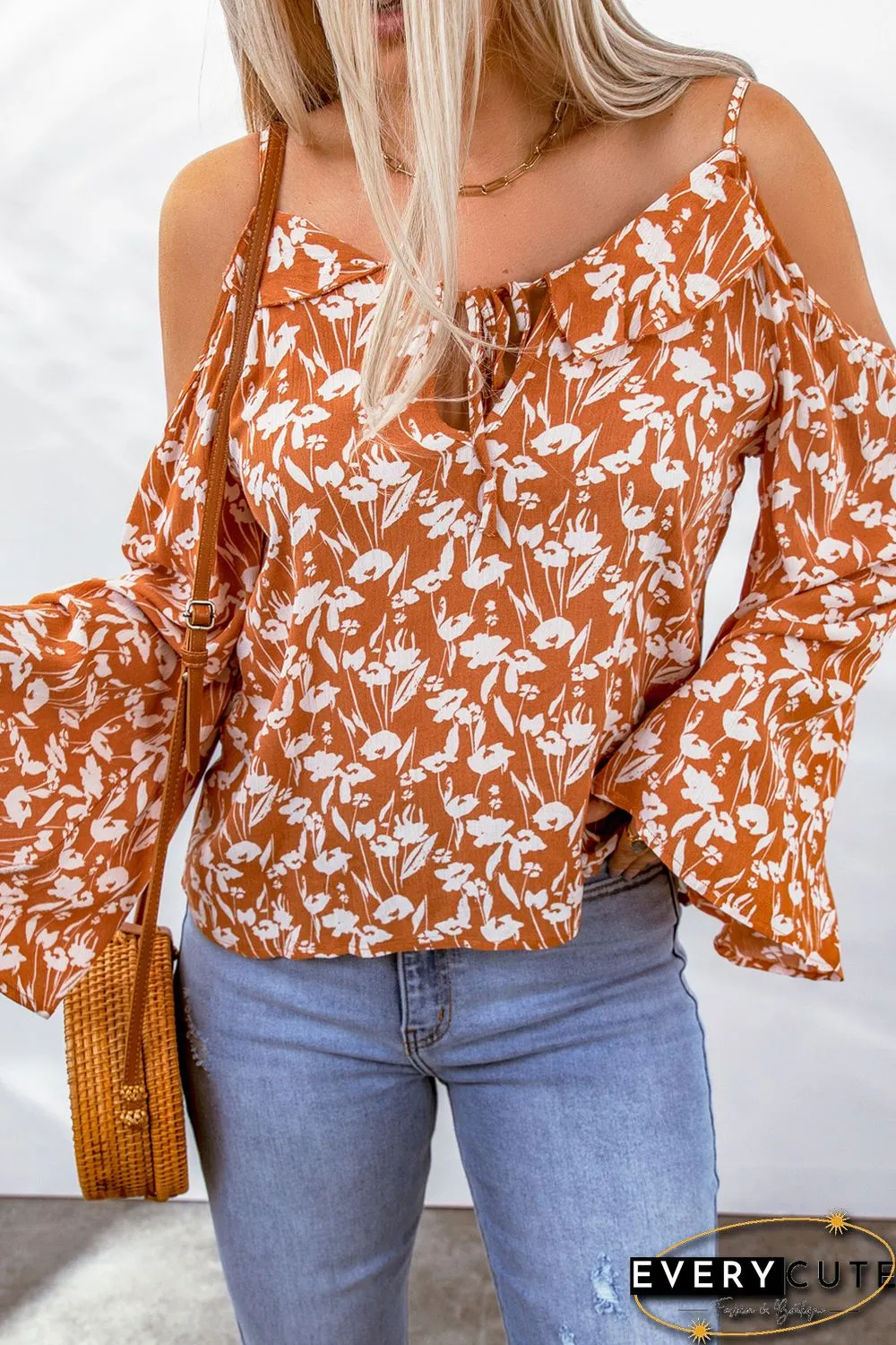Orange Tie Neck Cold Shoulder Flare Sleeve Floral Blouse
