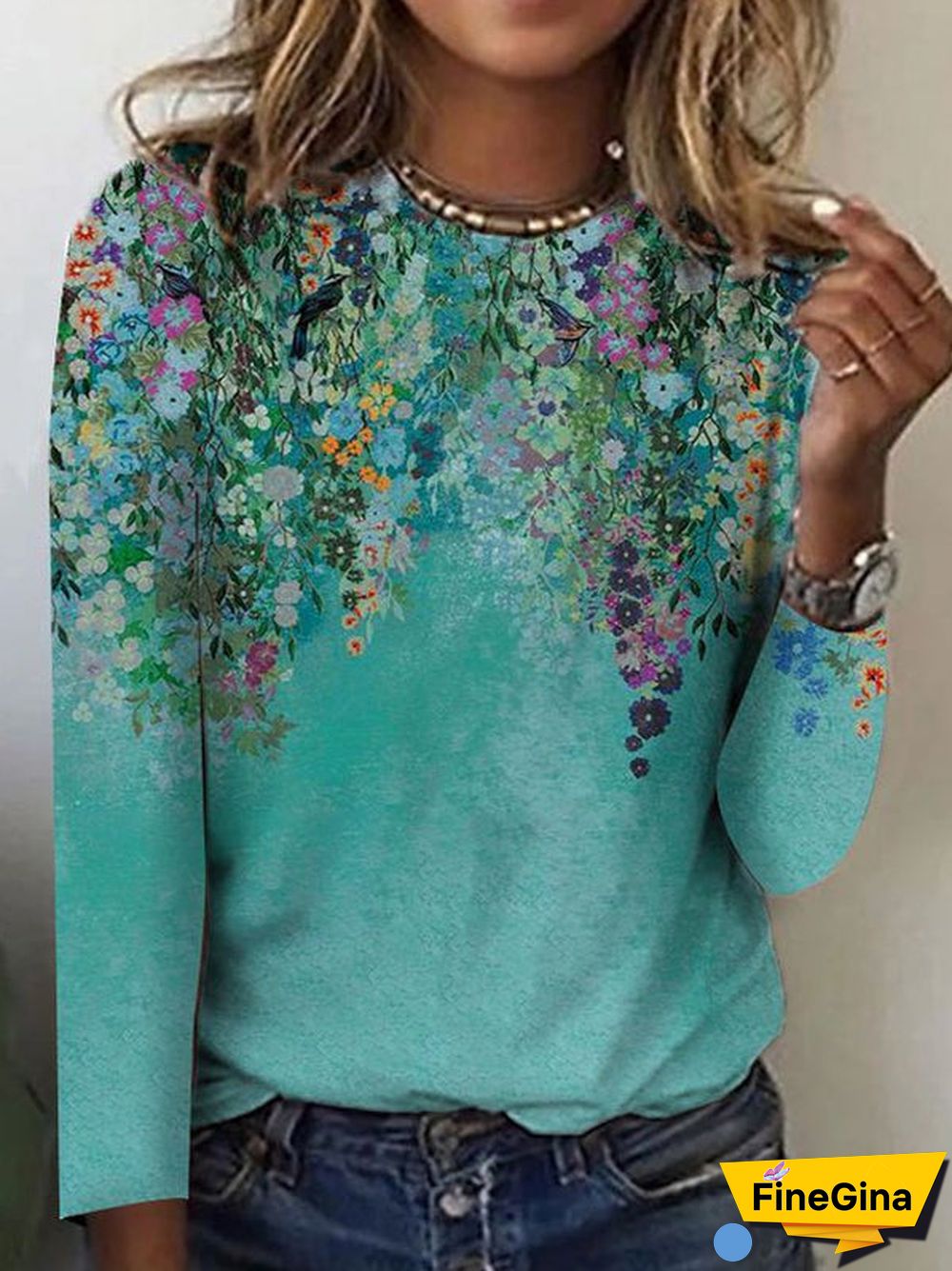 Floral Garden Aqua Long Sleeve Top