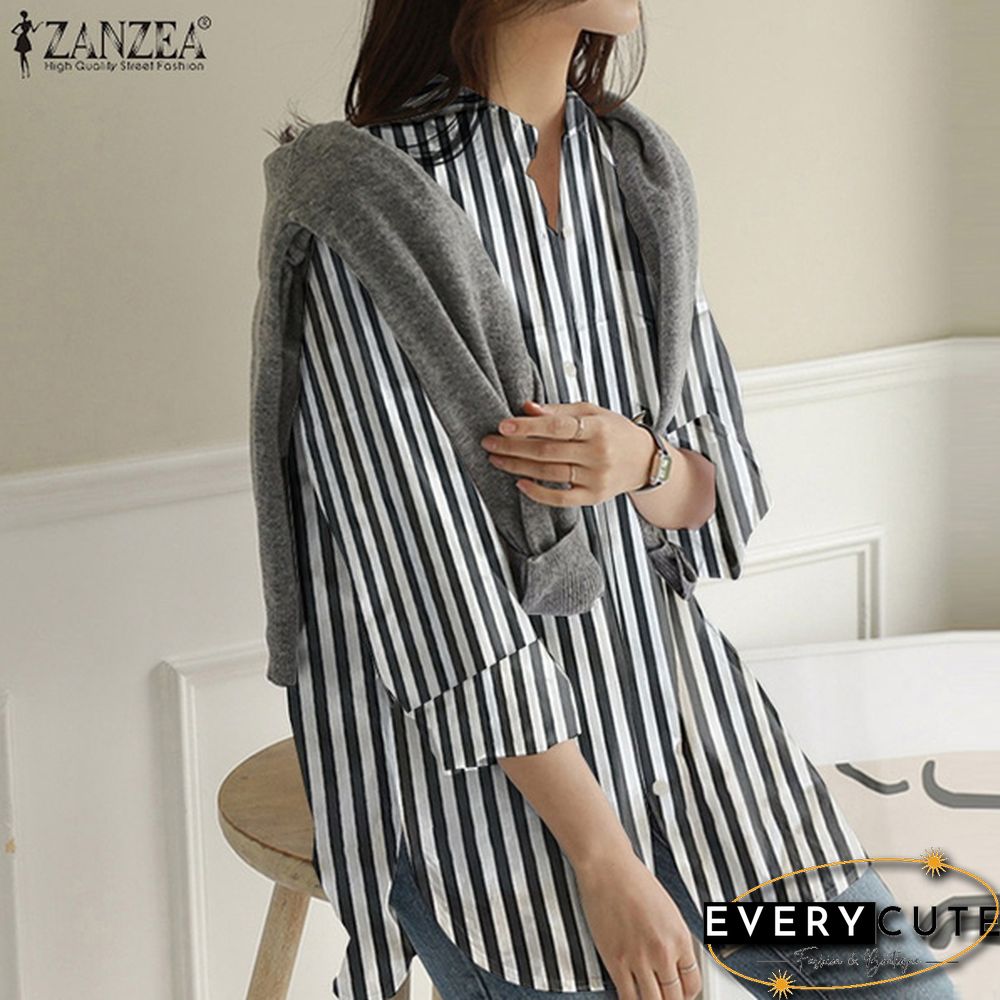 Womens Turn Down Collar T-Shirt Full Sleeve Front Pockets Loose Shirt Button Striped Print Tops S-5XL