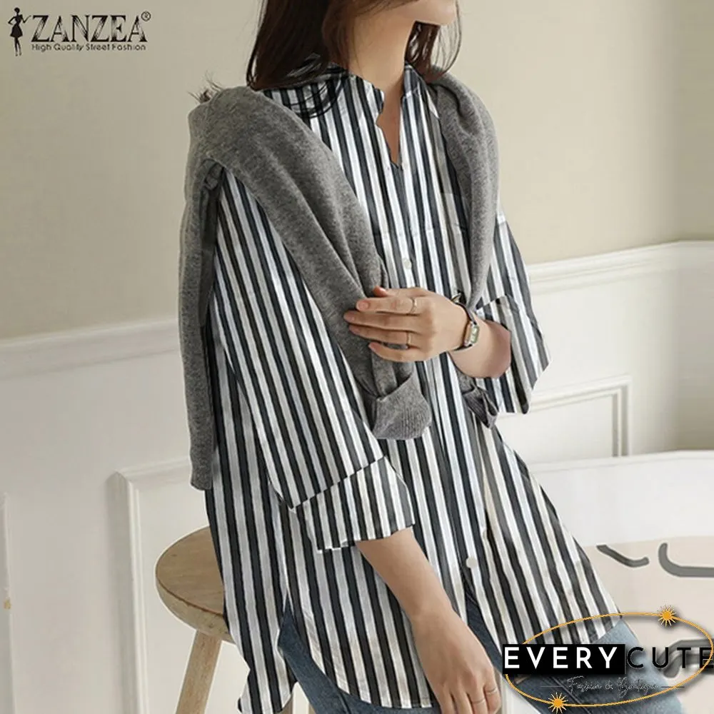 Womens Turn Down Collar T-Shirt Full Sleeve Front Pockets Loose Shirt Button Striped Print Tops S-5XL