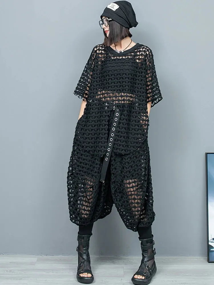 Street Black O-neck Hollow Out Short Sleeve Top & Harem Pants Set