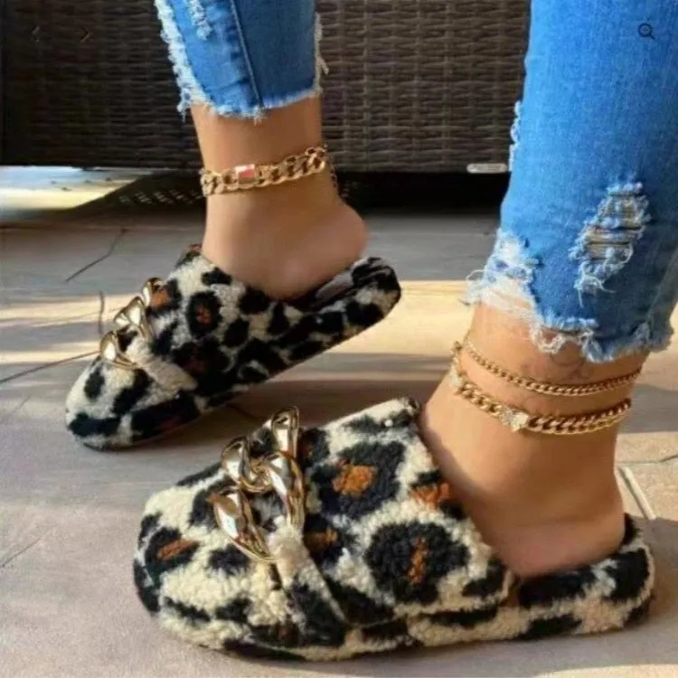 Plus Size Slippers Women Furry Fur Slides Home Flip Flops Ladies Winter Warm Metal Female Mules Shoes Outside Slippers for Women 514