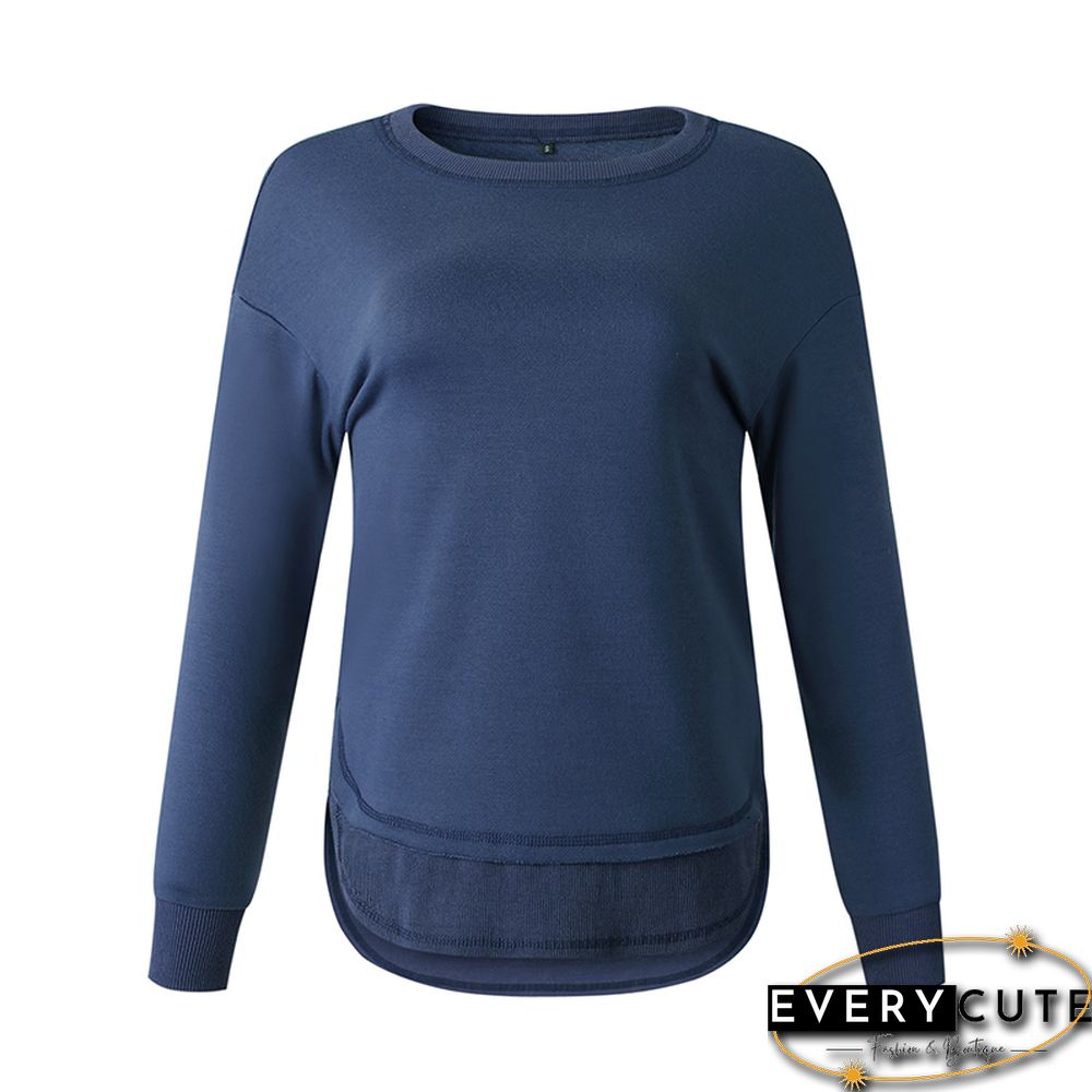 Navy Blue Side Slit Casual Pullover Sweatshirt