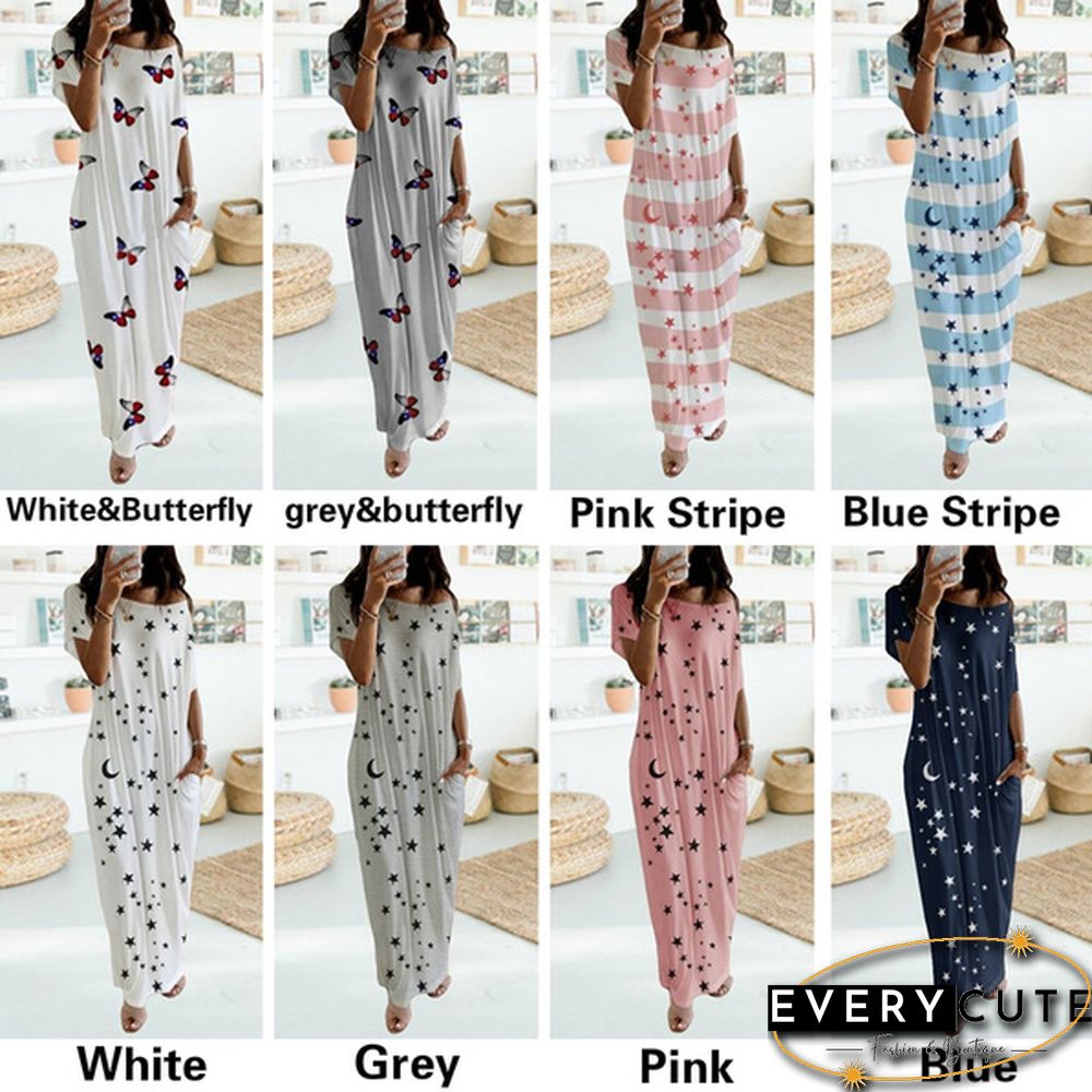 Plus Size Xs-5Xl Women Loose Casual Short Sleeve Moon Stars Print Maxi Dress Home Clothes Soft Long Dresses Homeware Vestidos Casuales