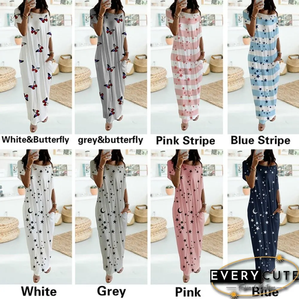 Plus Size Xs-5Xl Women Loose Casual Short Sleeve Moon Stars Print Maxi Dress Home Clothes Soft Long Dresses Homeware Vestidos Casuales
