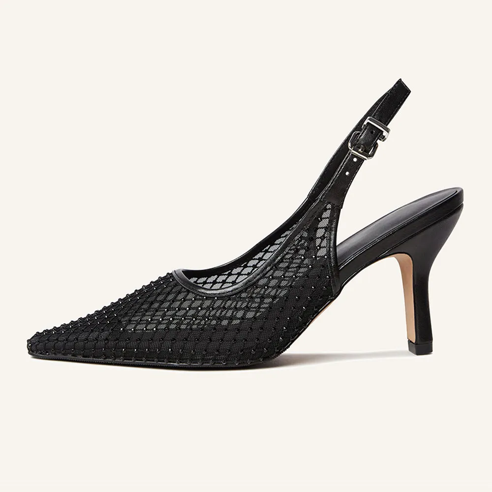 Black Rhinestone Mesh Pointed Toe Chunky Heel Slingback Shoes