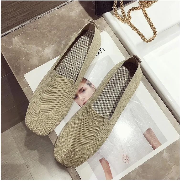 2022 Plus Size Spring New Ballet Flats Women Square Toe Knit Fabric Loafers Breathable Flat Heel Drive Shoes Driving Sneaker