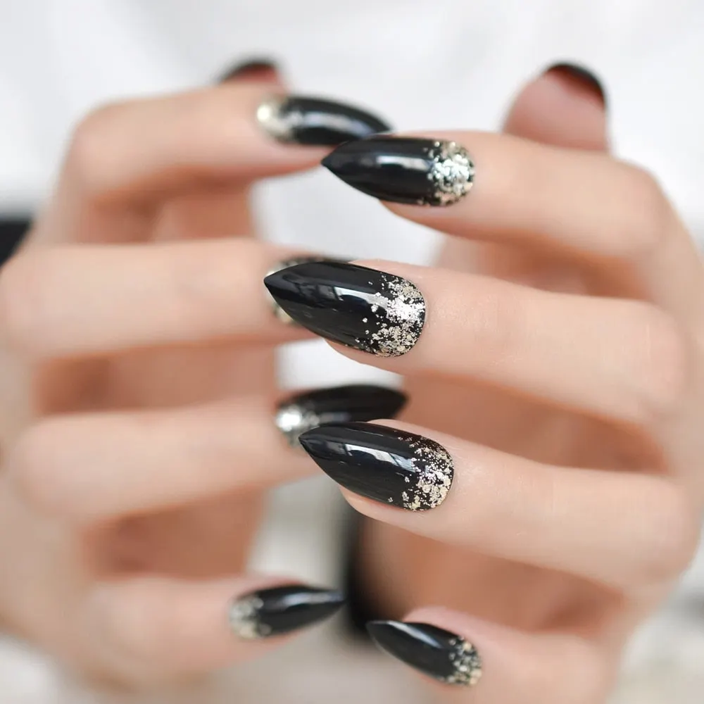Medium Short Nails Black Glitter Stiletto Sharp False Fingernail Press On Nail Tips Wholesale Full Cover Nails Pre Designs Charm-Nail Inspo