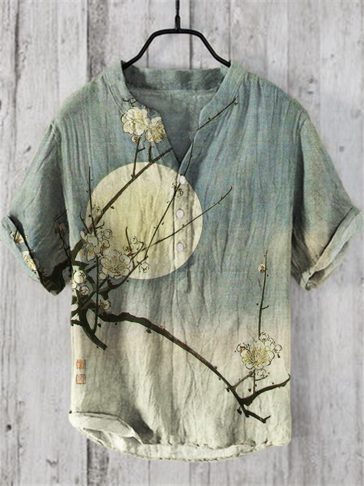 Plum Blossom Full Moon Night Gradient Japanese Art Linen Blend Shirt  artssus