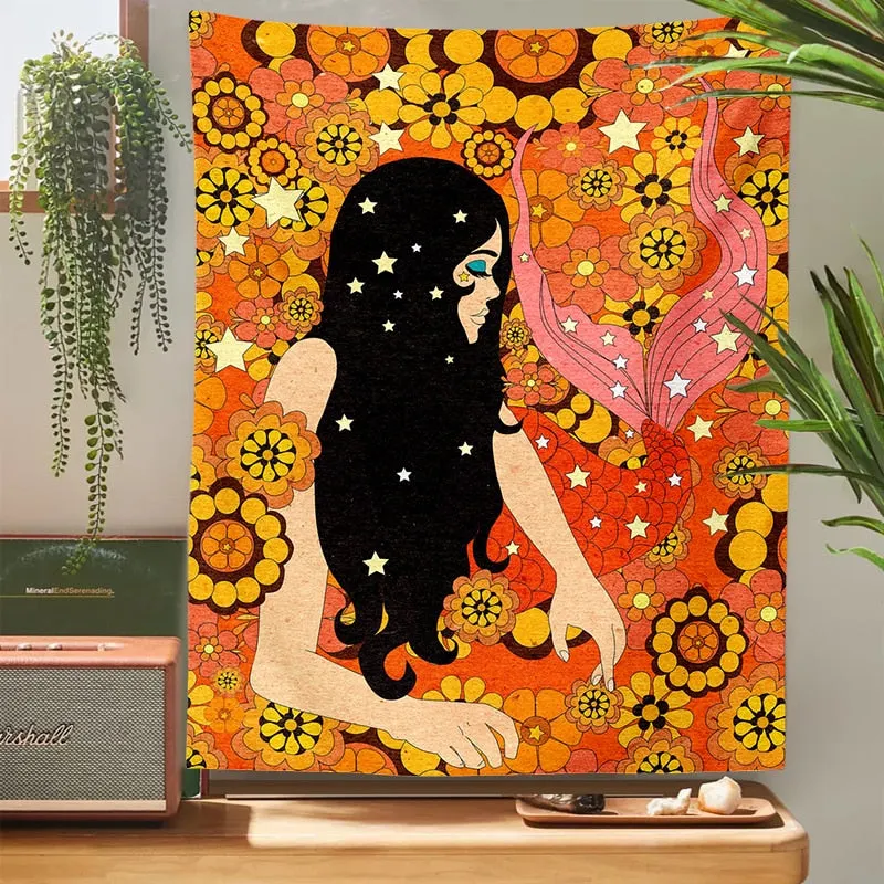 80S Retro Tapestry Wall Hanging Vintage Colorful Decor for Girls Dorm Decoration INS Trippy Tapestry Psychedelic Hippie Decor