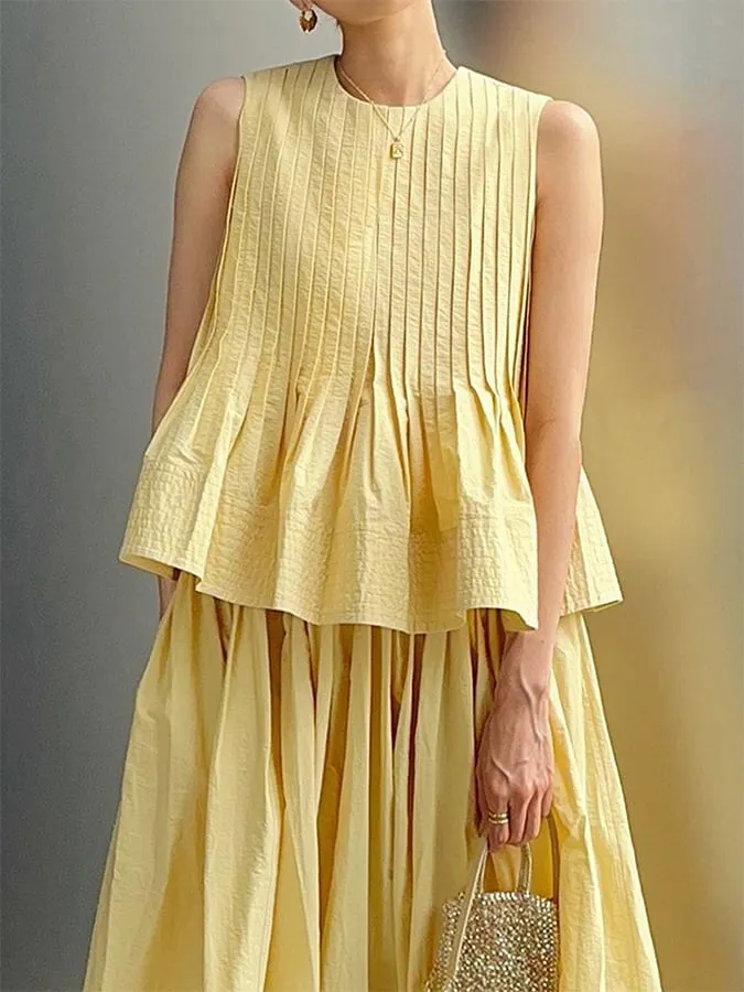 Women's Pleated Solid Color Casual Cotton And Linen Tops