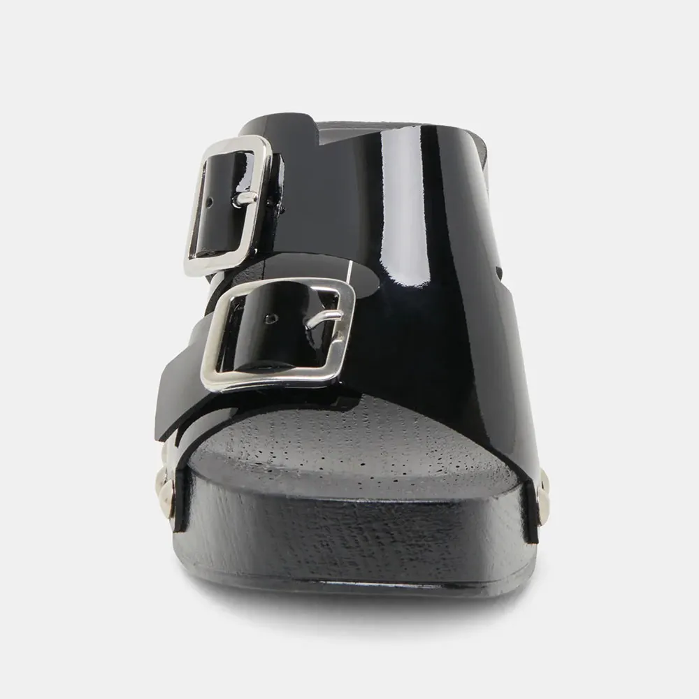 Black Open Toe Studded Slip On Platform Mule Heels with Buckles