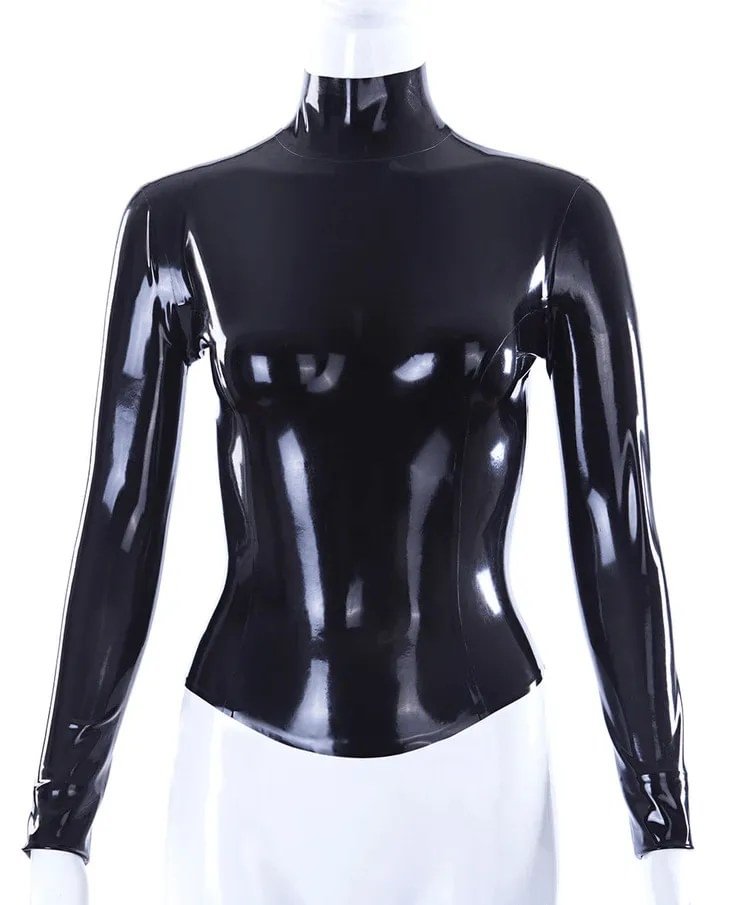Women Latex Tops Long Sleeve Black High-Neck