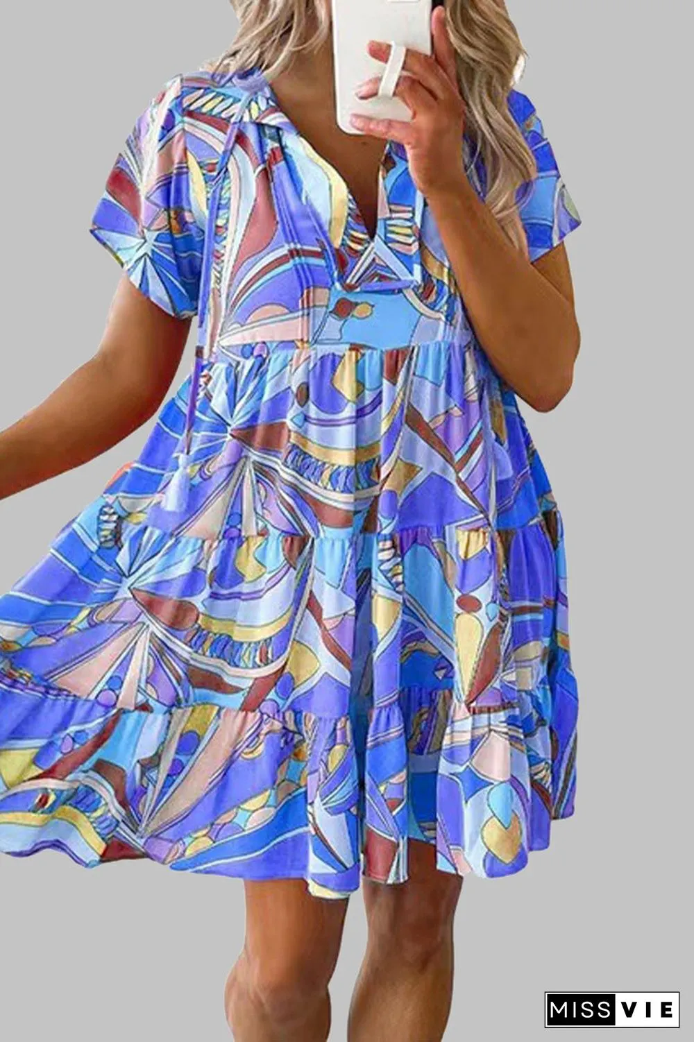 Bohemian Geometric Print V Neck A Line Dresses