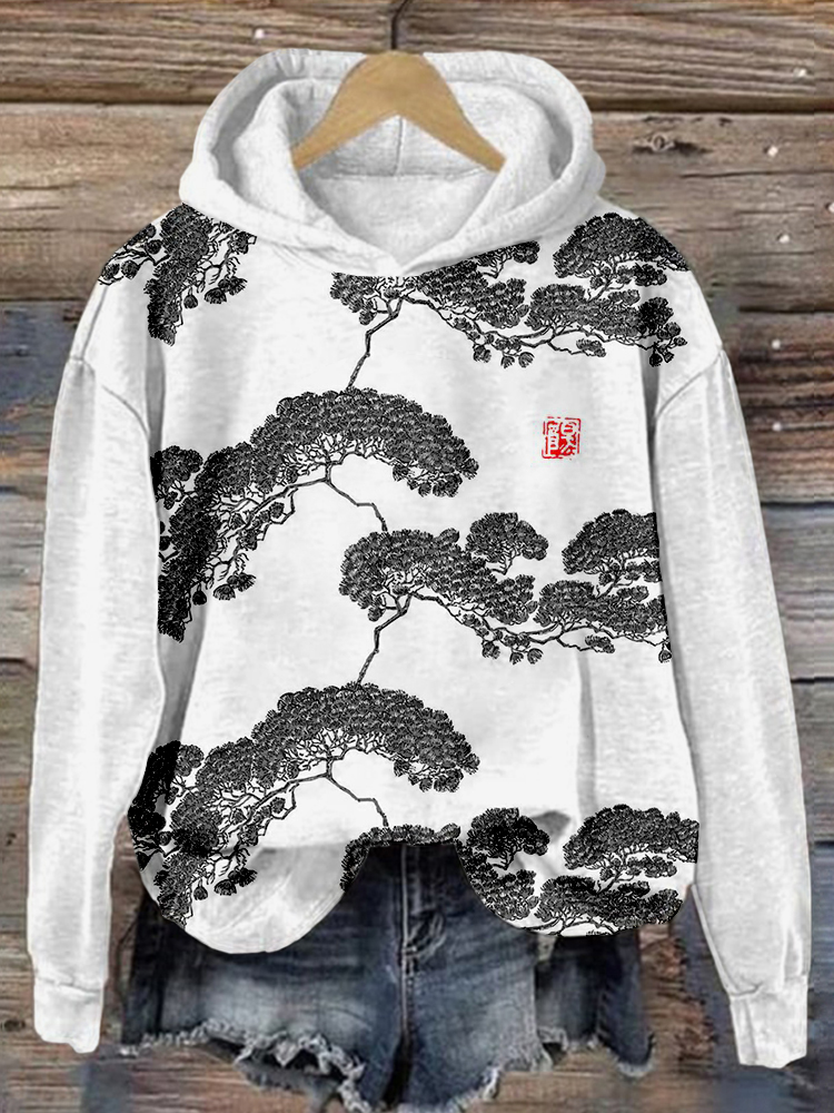 Japanese Tree Art Graphic Vintage Cozy Hoodie elevenforest