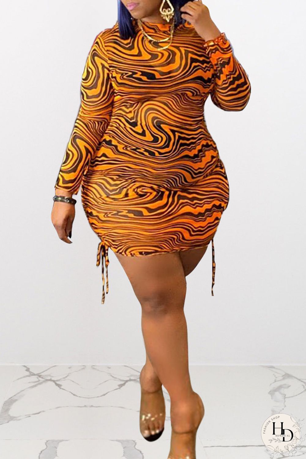 Fluorescent Green Sexy Print Split Joint Frenulum Fold O Neck Pencil Skirt Plus Size Dresses
