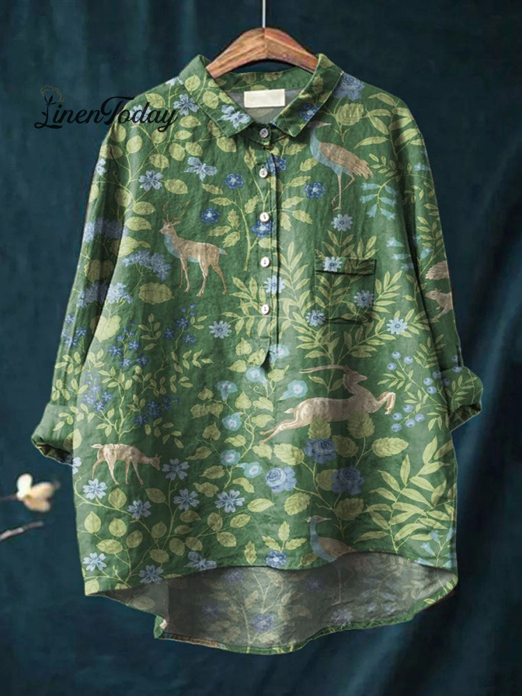 Women&rsquo;s Vintage Floral Animals Art Print Casual Cotton And Linen Shirt Green / S