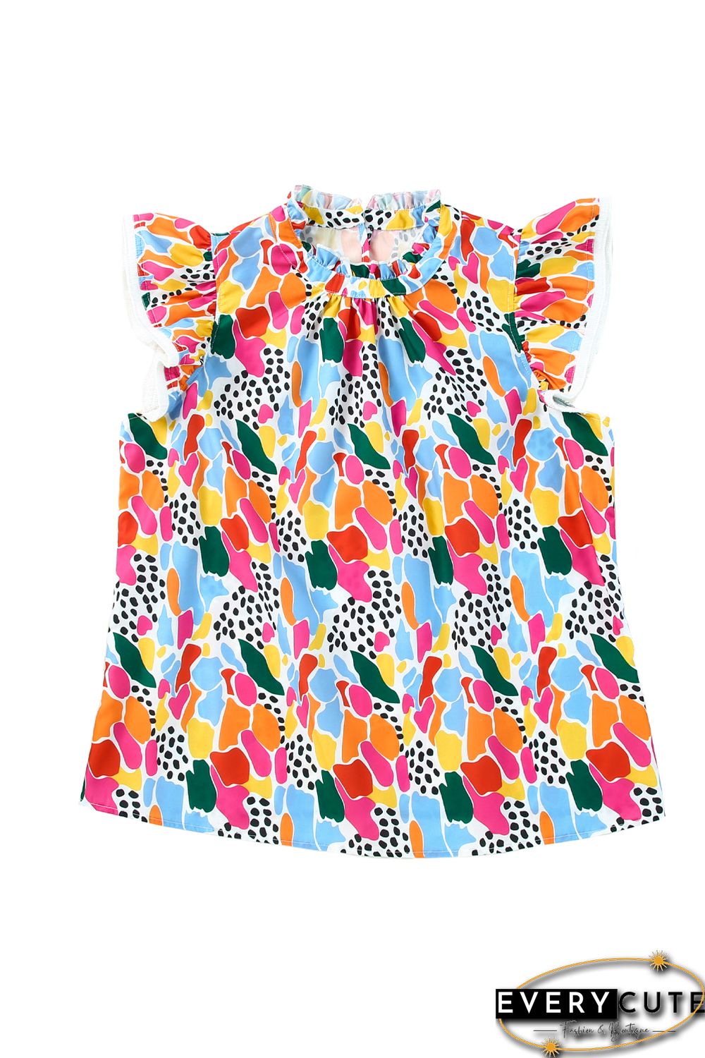 Multicolor Abstract Print High Neck Flutter Sleeves Top