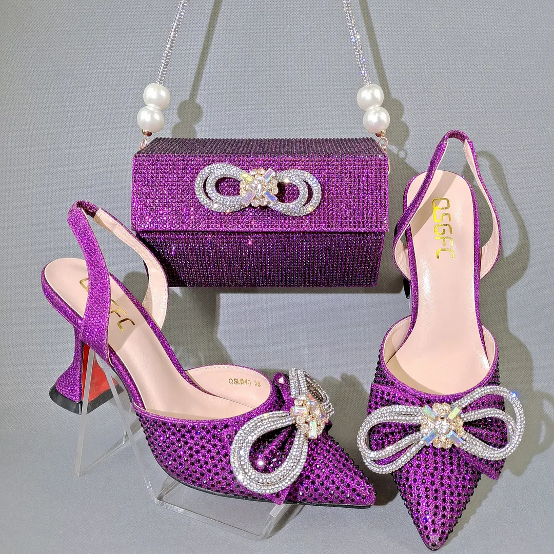 QSGFC 2022 Popular pointed Full of diamonds and shiny shoes with bags, banquet shoes and bags, and friends party shoes with bags