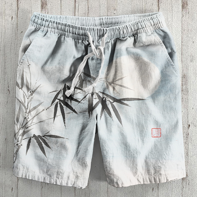 Bamboo & Moon Japanese Art Linen Blend Shorts  artssus