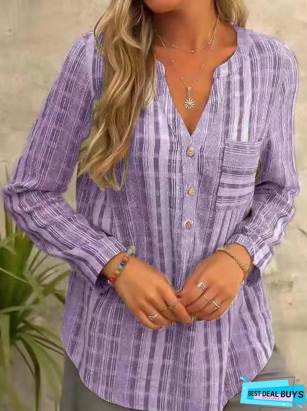 Women's Casual Striped V Neck Long Sleeve Shirt
