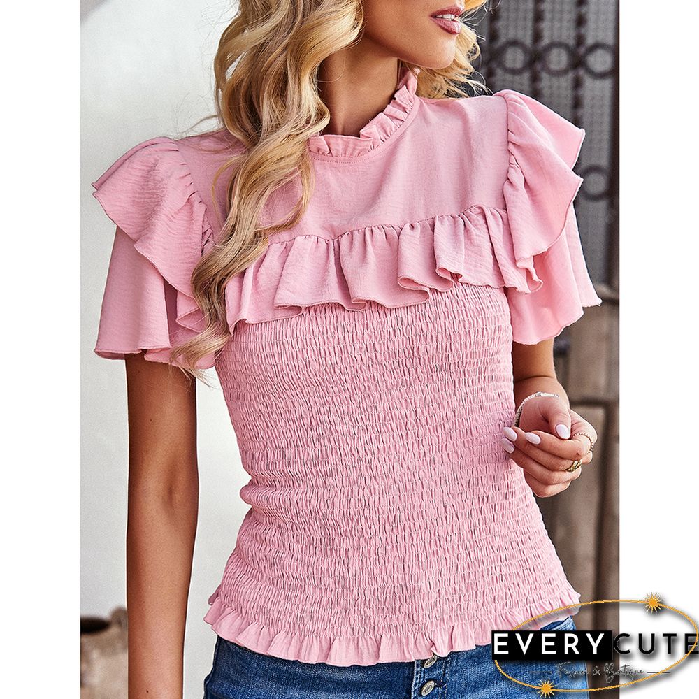 Pink Drawstring Ruffle Short Sleeve Pleated Blouse