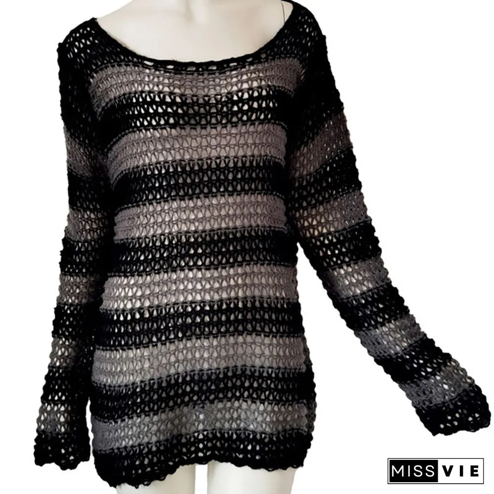 Colorbock Stripe Knit Hollow Out Hole Ripped Sweater
