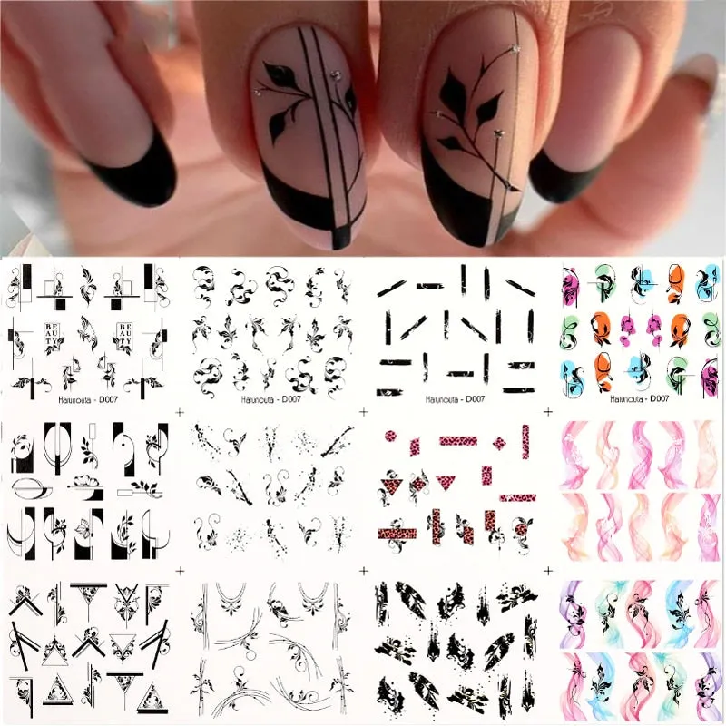 12pcs Geometric Lines Nail Sliders Water Sticker Set Flowers Leaves Design Watercolor Ink DIY Manicures Nail Art Decals Foil