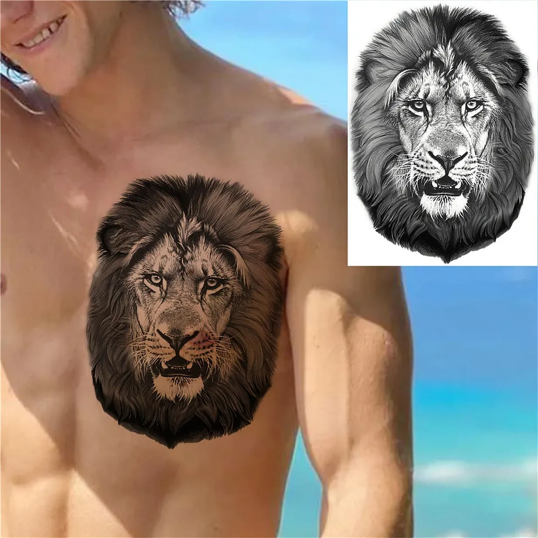 3D Lion Tiger Temporary Tattoos For Men Women Adult Black Wolf Tattoo Sticker Realistic Fake Bear Mountain Disposable Tatoo Body