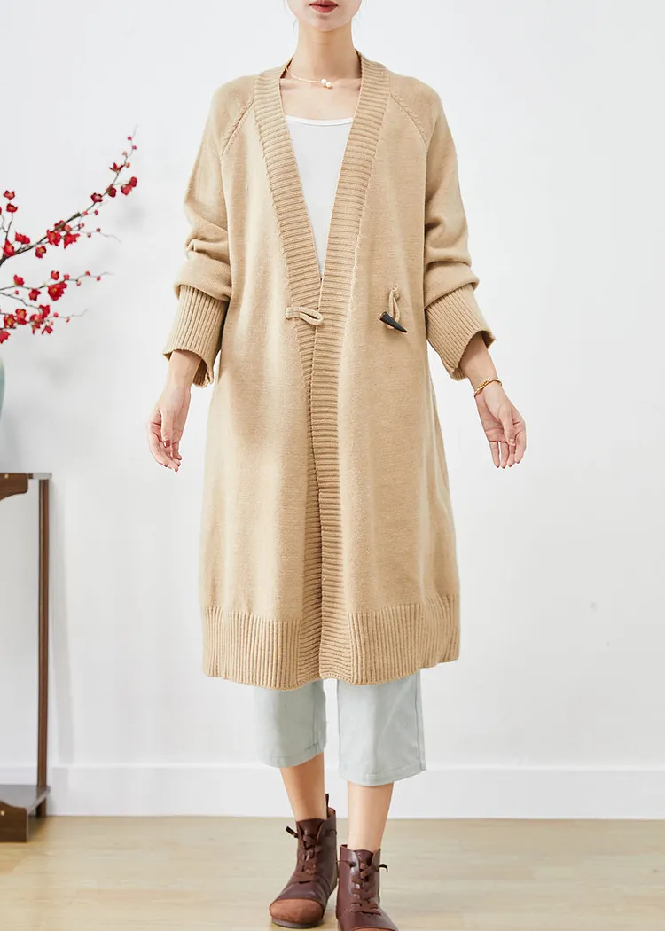 Boho Light Camel Oversized Horn Button Knit Loose Coat Fall