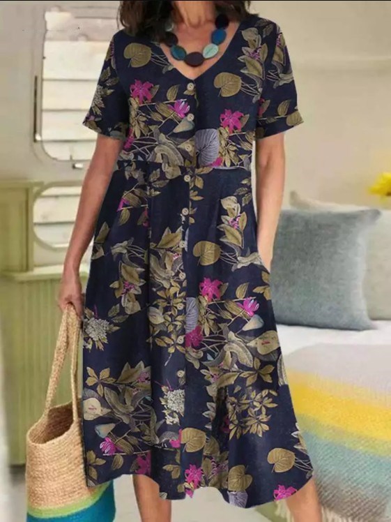 Plus Size Printed Pocket Mid-Length Dress