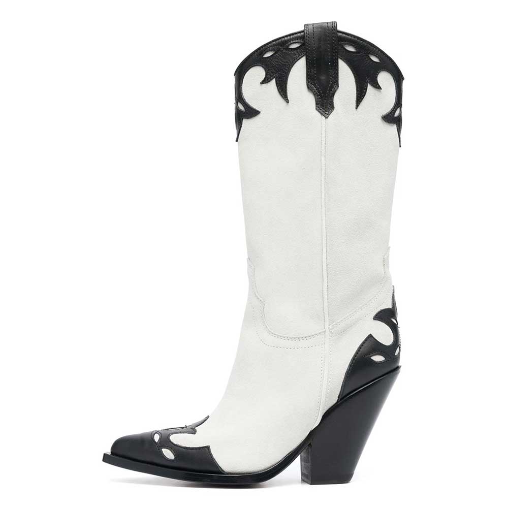 Black and White Vegan Leather Pointed Patchwork Cowgirl Boots   
