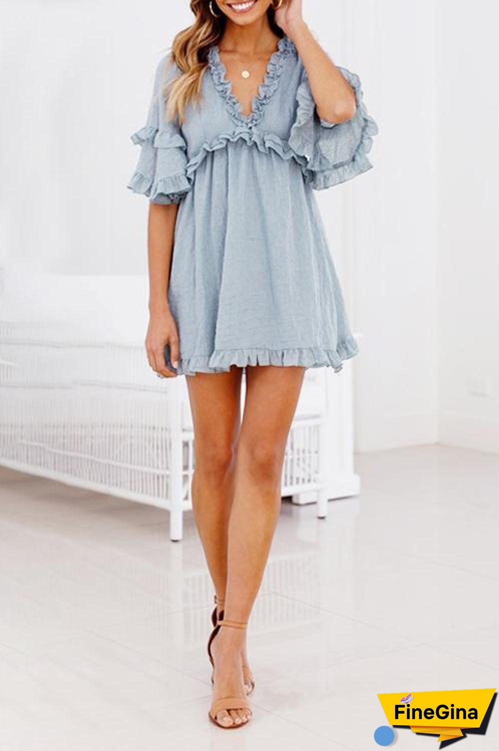 Ruffled Lace-up V-neck Dress