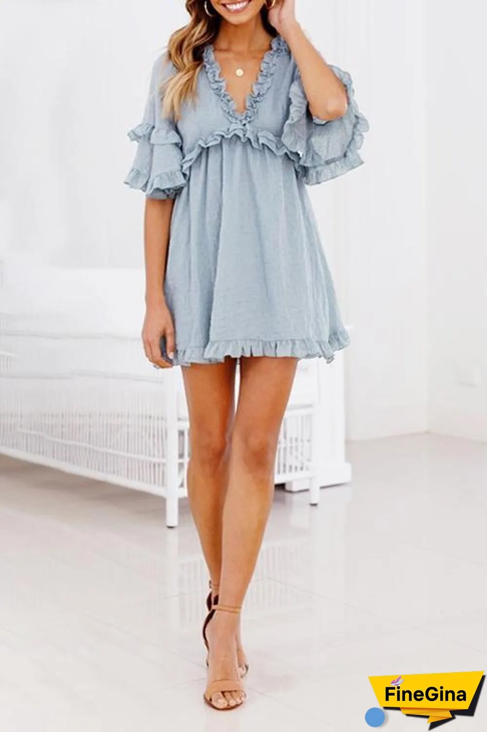 Ruffled Lace-up V-neck Dress