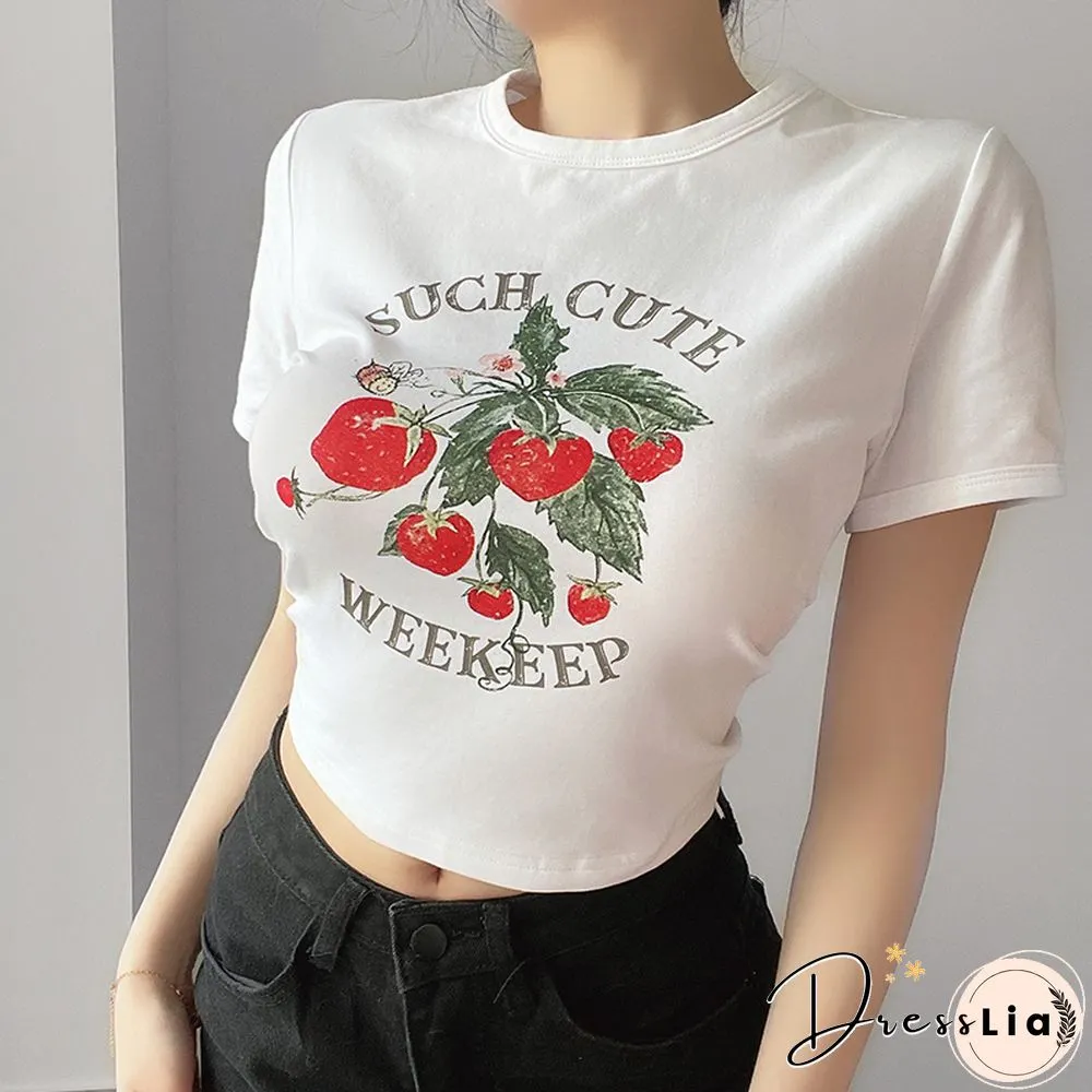 Cute Kawaii Strawberry Print Crop Tops Women Fairycore Short Sleeve Tshirt Aesthetic Harajuku Clothes Streetwear