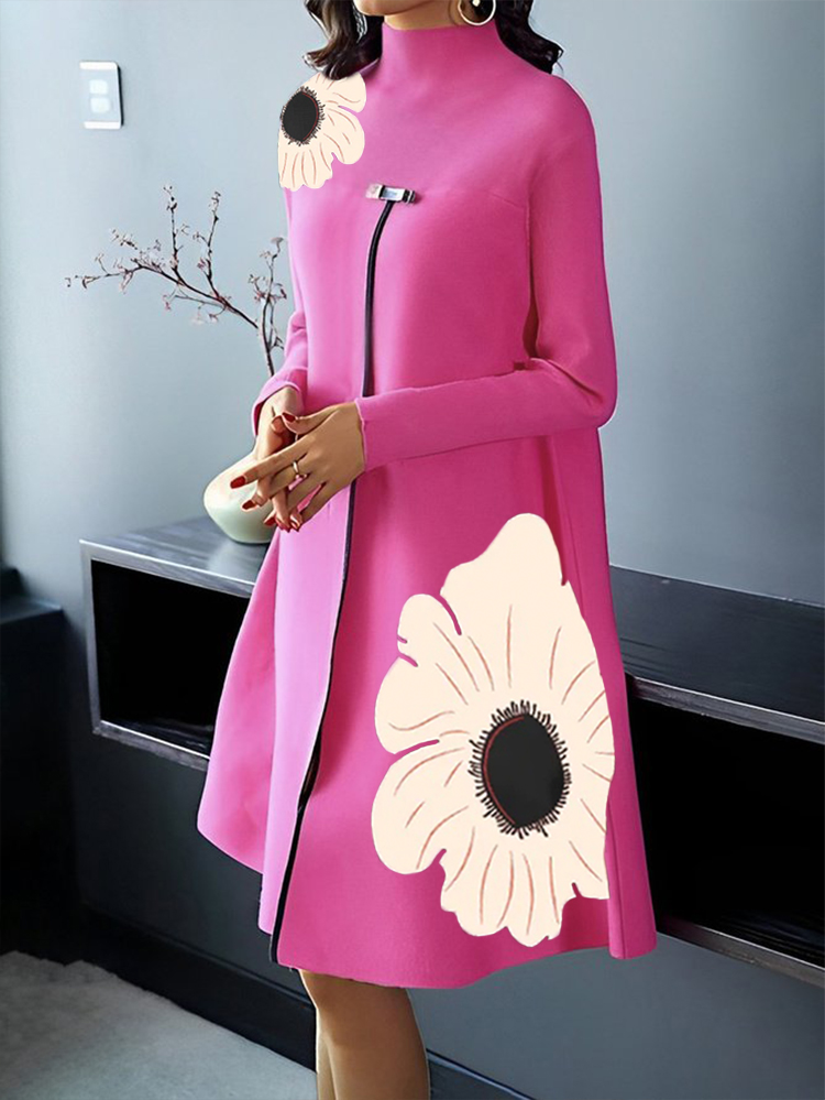 Plus Size Stand Collar High Elasticity Floral Loose Long Sleeve Urban Dress