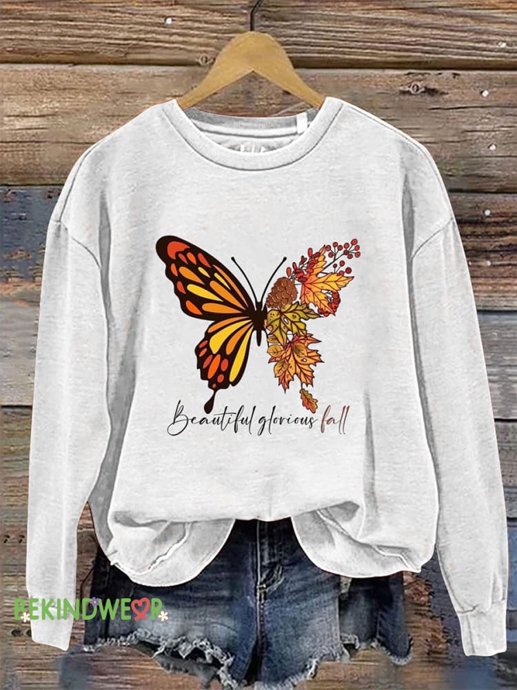 Butterfly Transformation Crew Neck Long Sleeve Casual Sweatshirt White / S