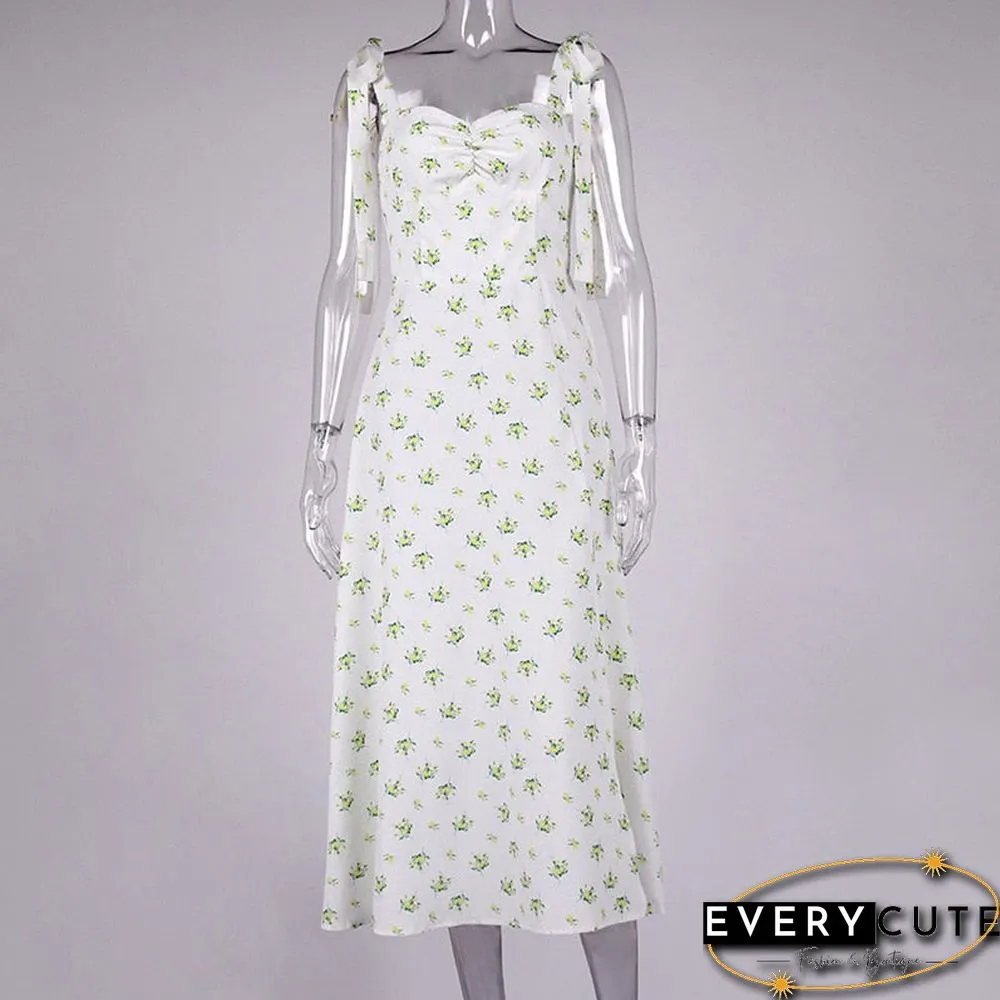 Floral Print Cottagecore Sleeveless Strap Midi Dresses Party Club Sexy Backless Elegant Split Dress Women Vestidos