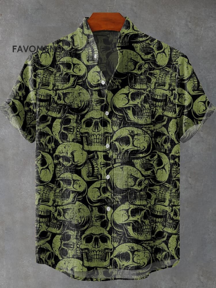 Retro Dark All Over Skull Print Casual 100% Cotton Shirt Multicolor / S