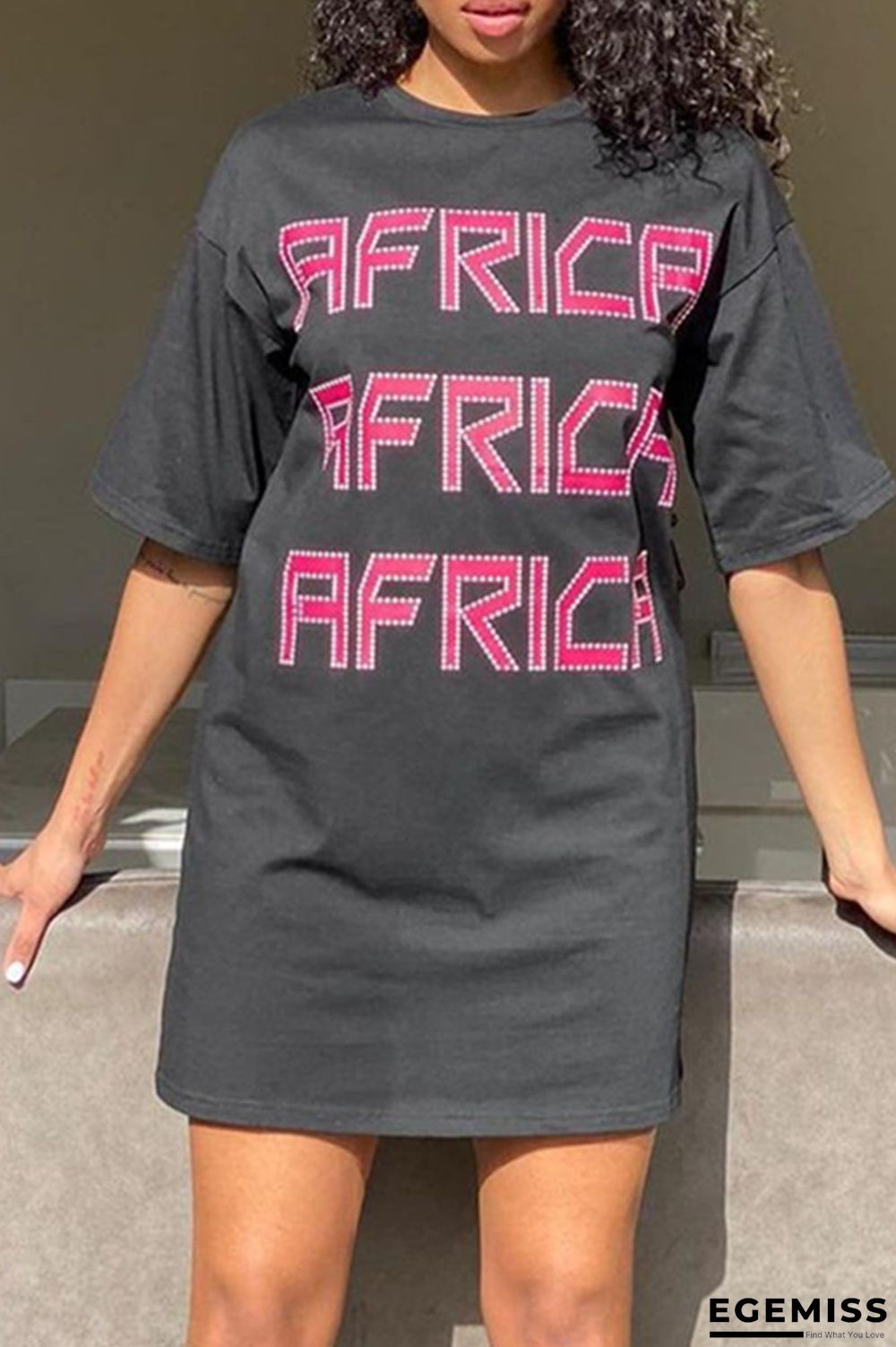 Black Fashion Casual Letter Print Basic O Neck T-shirt Dress | EGEMISS