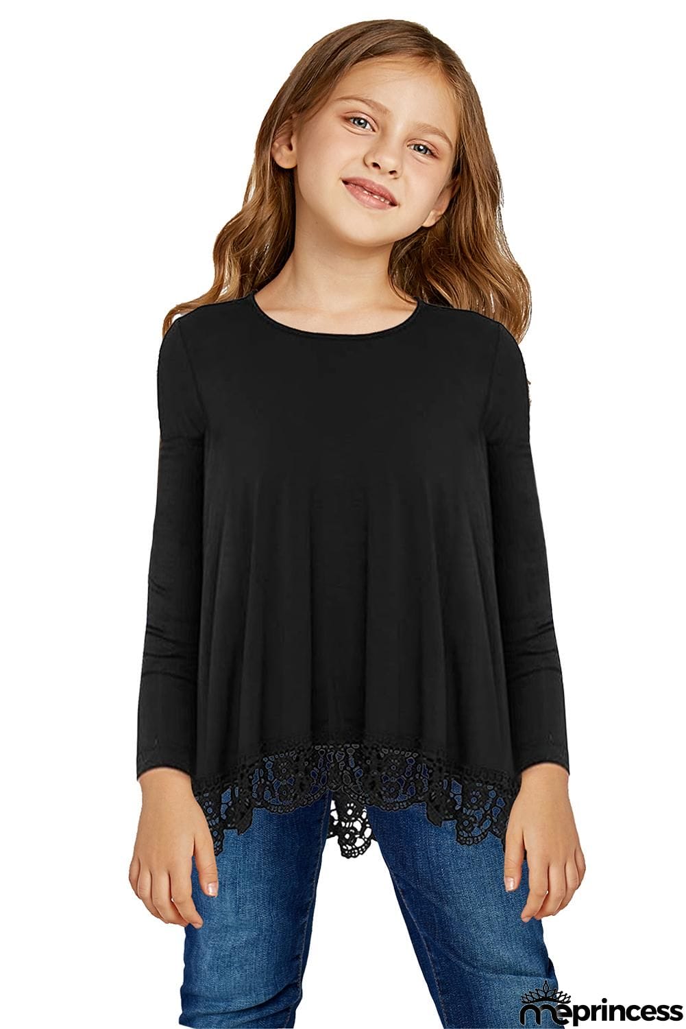 Long Sleeve Lace Trim O-neck A-line Tunic Blouse