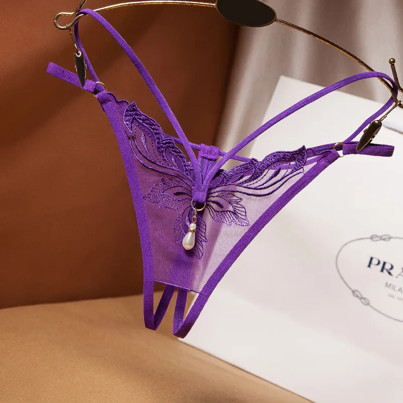 Billionm Erotic Underwear Open Crotch Panties Temptation Embroidery Thong Female Transparent Seamless Underpants Sexy Pearl Panties