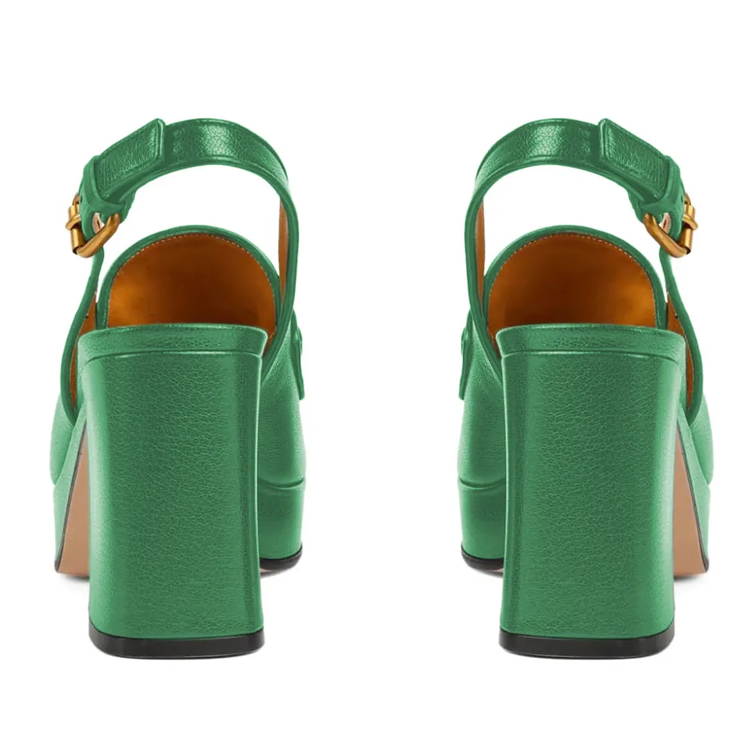 Green Vegan Leather Square Toe Chain Chunky Heel Platform Loafers