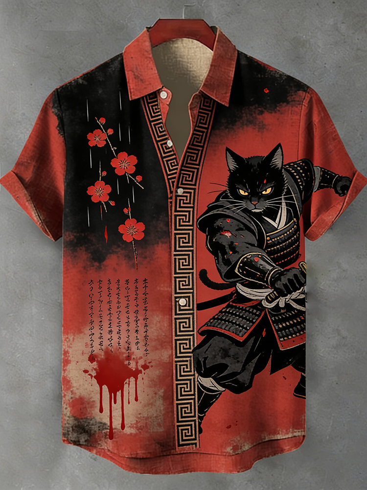 Japanese Samurai Cat And Plum Blossom Tie-dye Cotton Linen Short Sleeve Shirt elevenforest