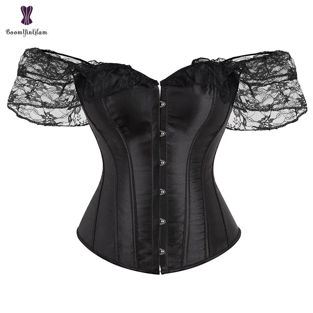 Women Short Sleeve Corset White Black Waist Bustier Tops Overbust Korset