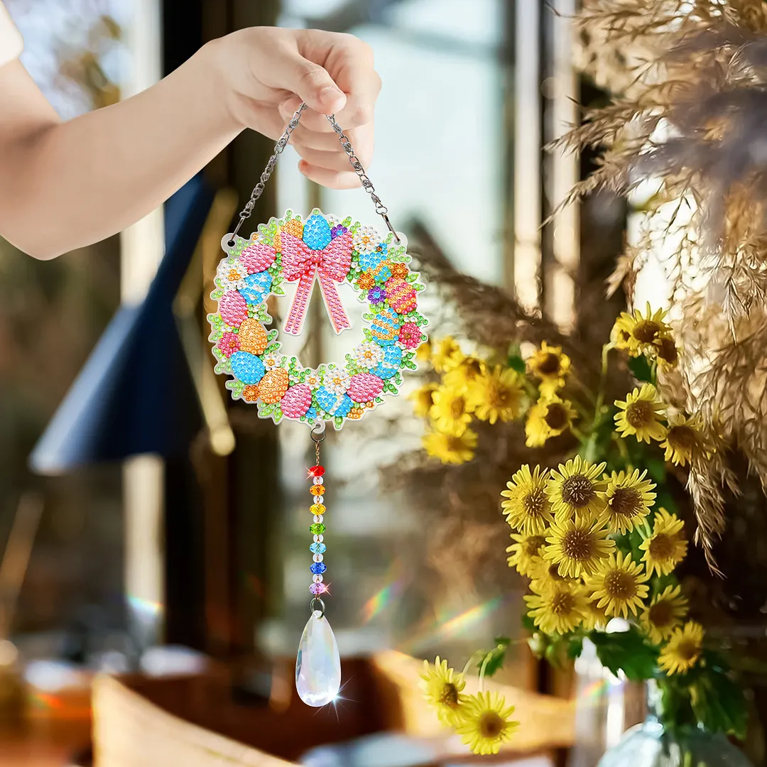 2Pcs Wreath DIY Acrylic Diamond Painting Art Wind Chimes with Crystal Pendant Diamond Art Hanging Pendant Double-Sided for Adults Beginners Gift Home Garden Decor