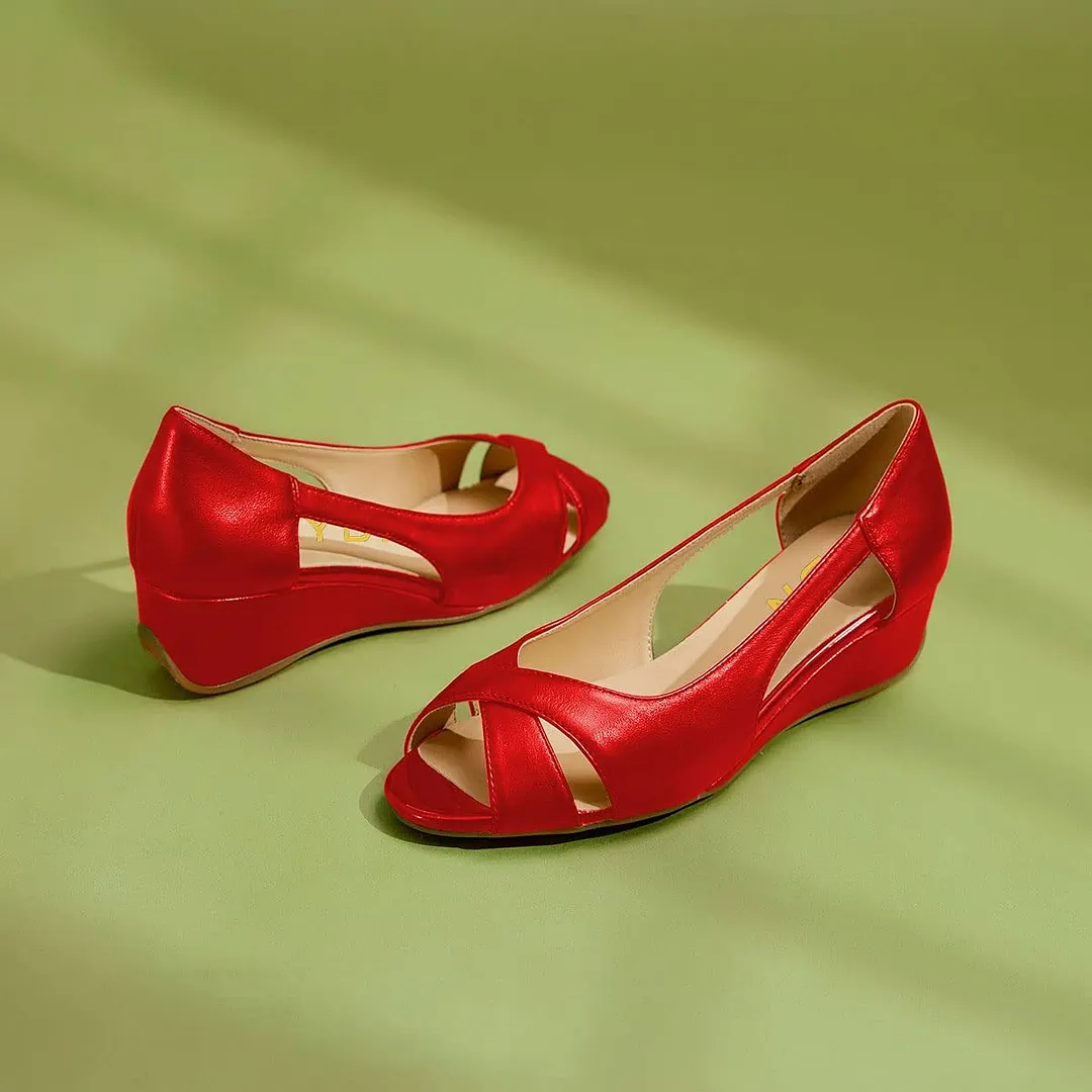 Chic Red Peep Toe Cross Strap Cut Out Wedge Sandals for Women