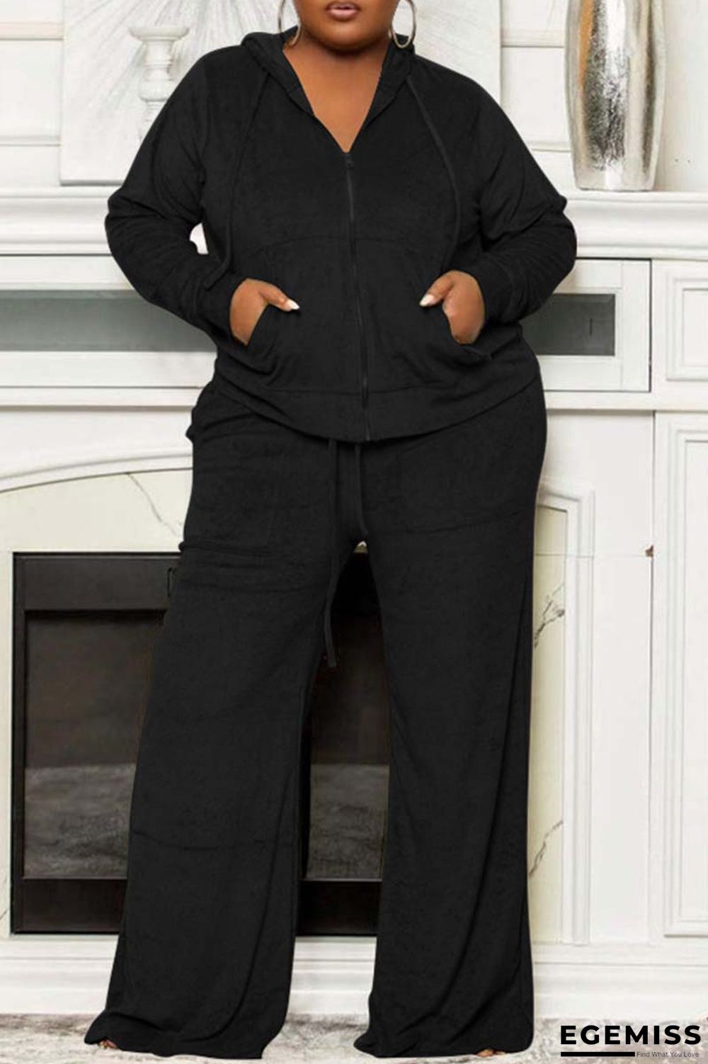Black Casual Solid Patchwork Hooded Collar Plus Size Two Pieces | EGEMISS
