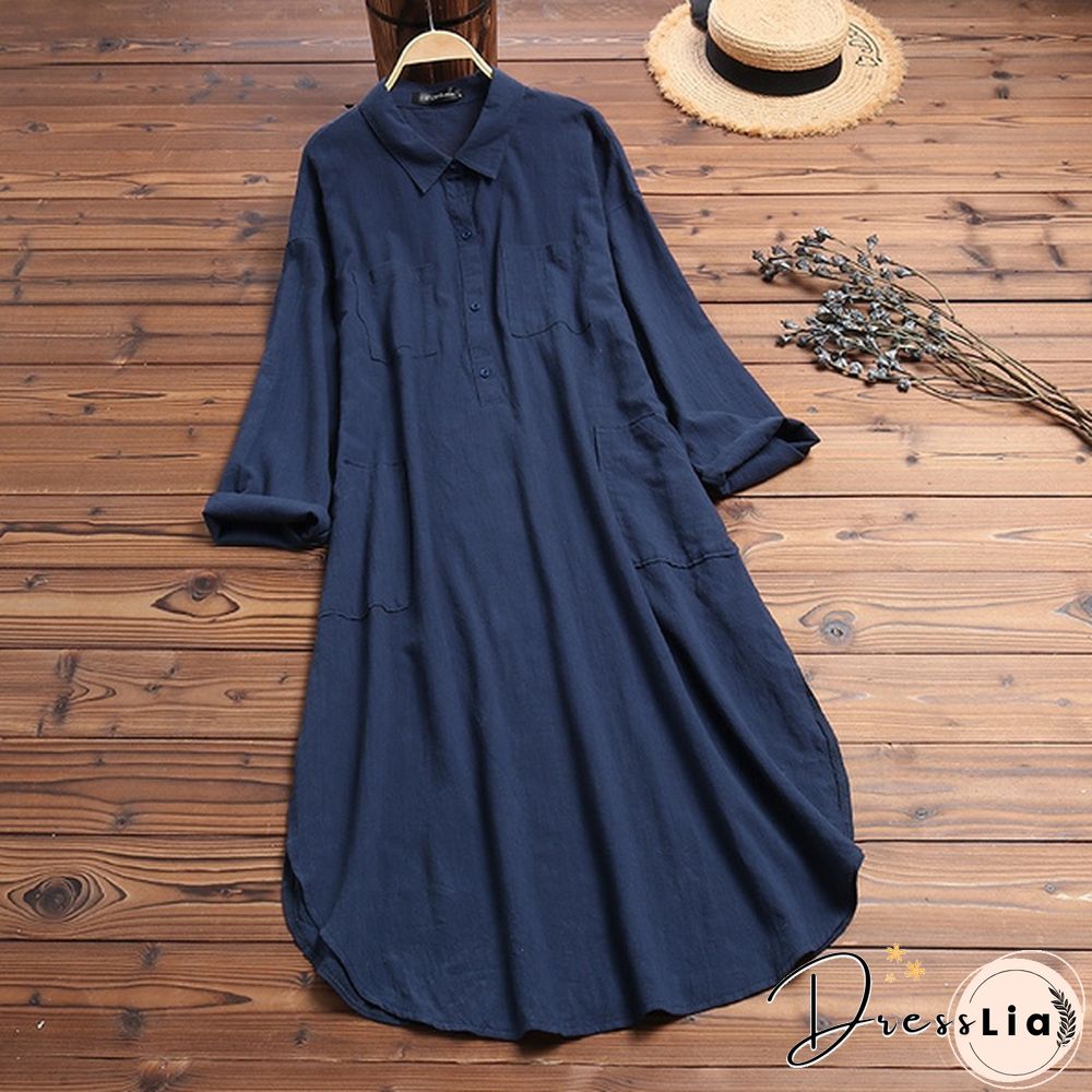 S-5XL Women Side Slit Cotton Long Dress Spring Solid Color Long Shirt Dress Kaftan Dress